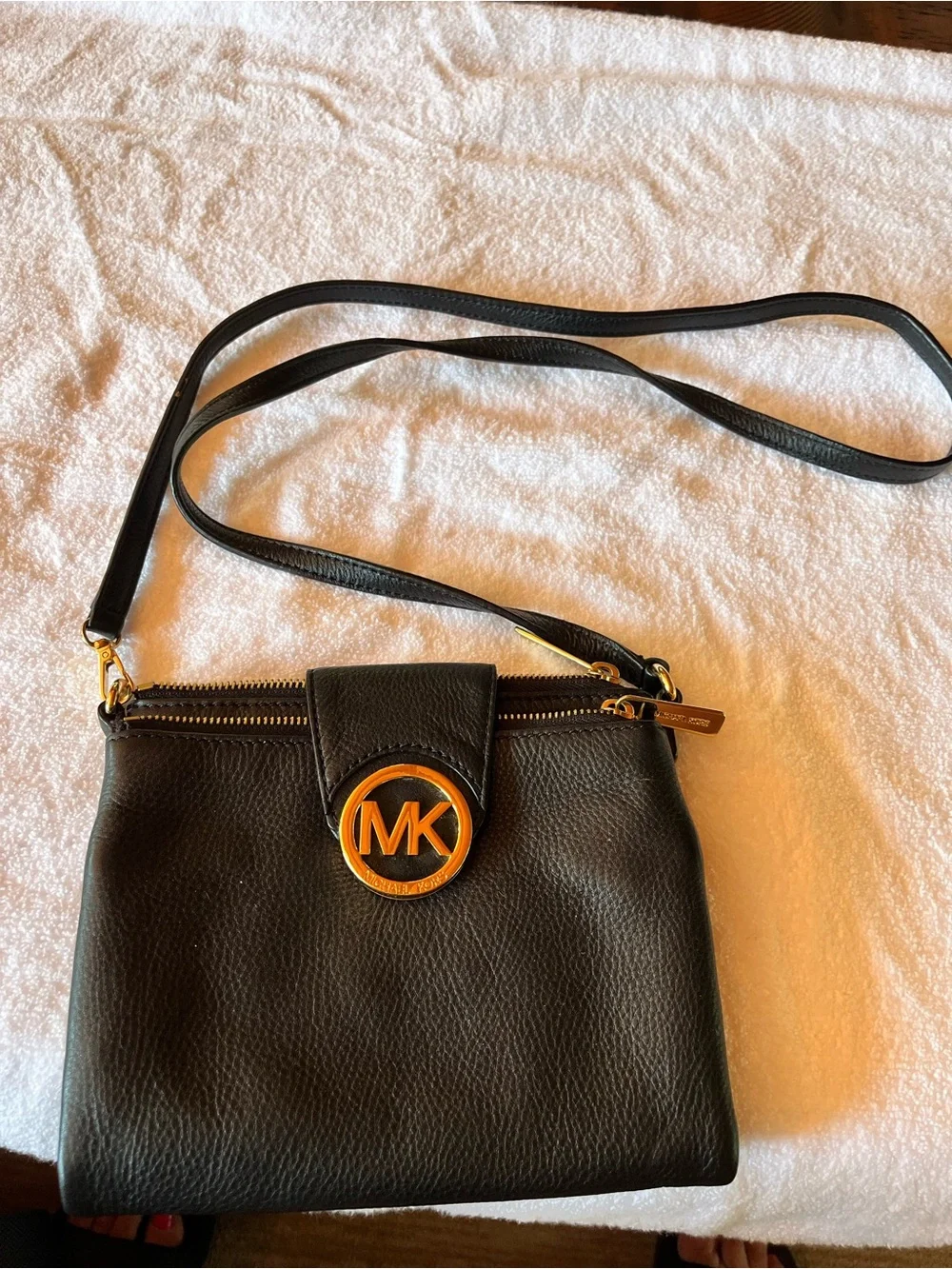 Michael Kors Black Leather Crossbody with Gold MK Emblem